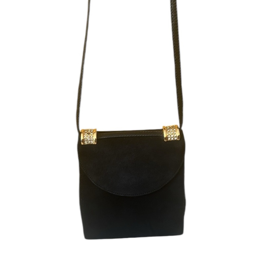 Rodo Black Suede Evening Bag with Swarowski Crystals, Adjustable Shoulder Strap